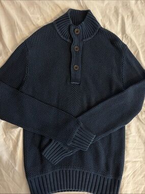 Men's Heathered Navy Knit Button Mock Neck Sweater